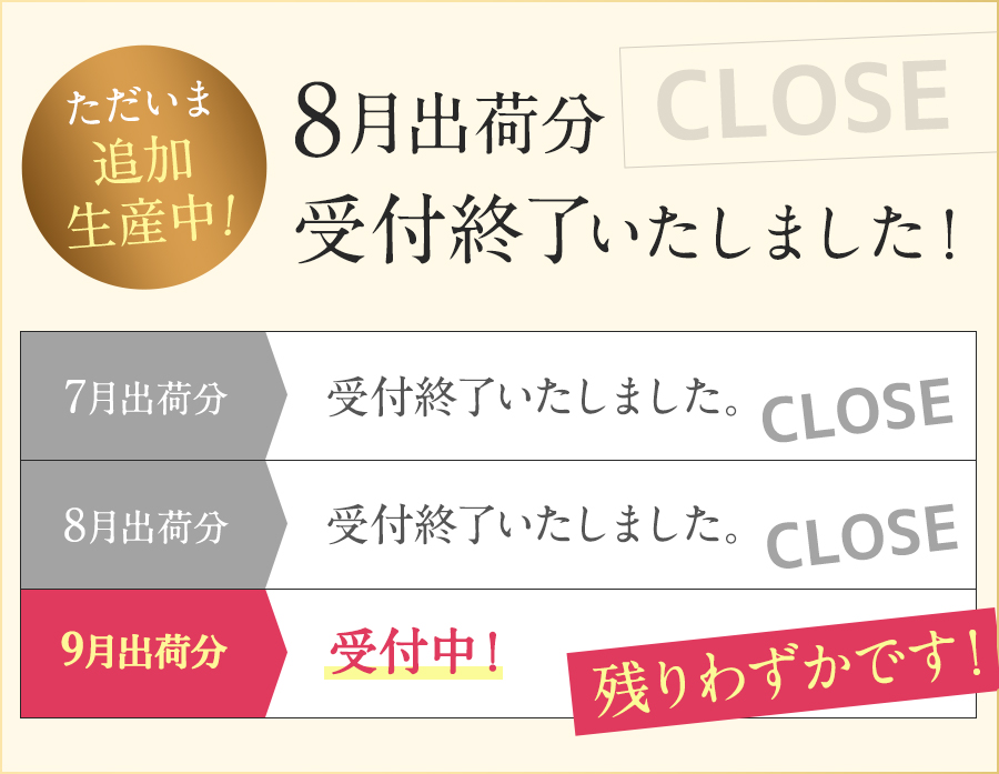 申し訳ございません。在庫がなくなると即日のお届けができなくなるかもしれません。